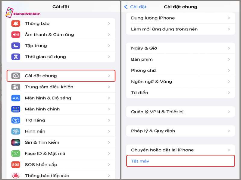 Tắt nguồn trong Cài đặt chung